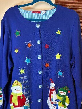1990s Style Onque Casuals Snowman Christmas Cardigan Sweater Blue Grandmacore 1X